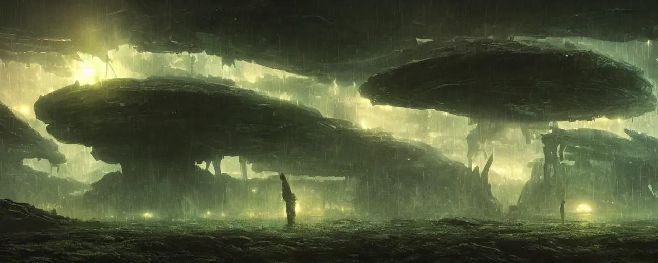 Image similar to ” atmospheric alien landscape, [ rain, cinematic, detailed, epic, widescreen, opening, establishing, mattepainting, photorealistic, realistic textures, octane render, art by slop and paul lehr ] ”