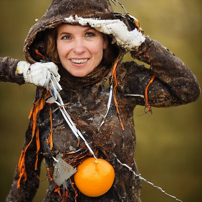 Image similar to a closeup portrait of a woman wearing a ski suit made of rusted nails and ribbons, picking oranges from a tree in an orchard, foggy, moody, photograph, by vincent desiderio, canon eos c 3 0 0, ƒ 1. 8, 3 5 mm, 8 k, medium - format print