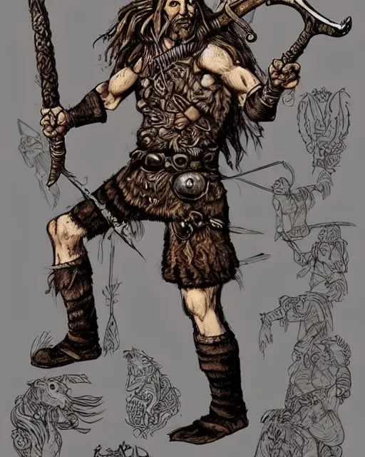 Image similar to full body character design reference art of Eoghaill of the Murine Hordes, a La Tene Culture Celtic chieftain and warrior, resplendent and proud of bearing, long black hair, hirstute and muscled, wielding a Celtic longsword. Has a rat familiar. high quality, high detail, realistic historical gouache illustration, in the style of: Angus McBride, Rebecca Guay, and Michael William Kaluta.