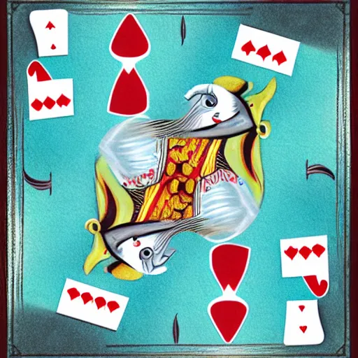 Image similar to two fishes sitting at a table playing cards at the bottom of the sea, the table has a checkered table cloth, lowbrow surrealistic, in the style of mark ryden,