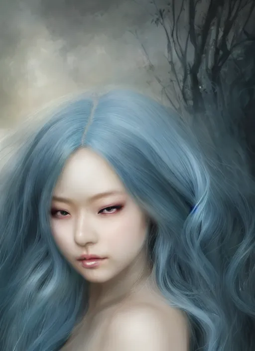 Image similar to a beautiful woman gheisa, 8 k, hyperrealistic, asian hyperdetailed, beautiful face, long blue hair windy, dark fantasy, white skin porcelain, fantasy portrait by laura sava