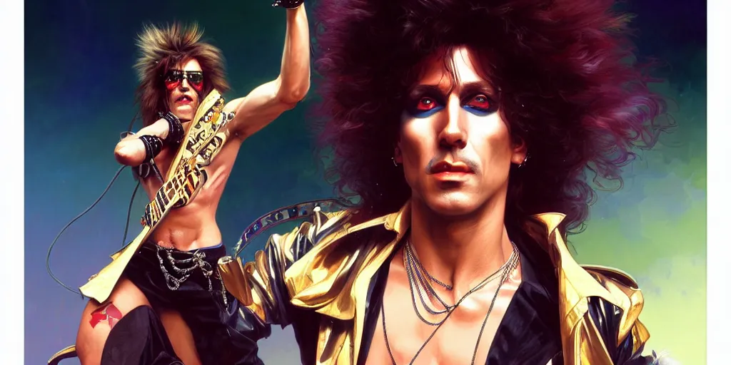 Prompt: a 1 9 8 0 s glam rock star on stage, highly detailed, digital painting, artstation, concept art, matte, sharp focus, illustration, art by artgerm and greg rutkowski and alphonse mucha