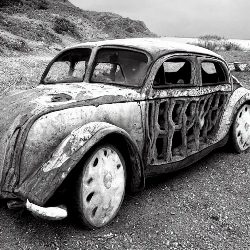 Image similar to car made out of flesh and bones, gorey, awful, cinematic, pretty