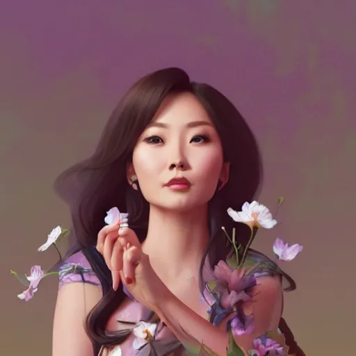 Image similar to portrait of hong jin - young, 홍진영, smiling with flowers in hands. sharp focus, cinematic pose, cinematic lighting, unreal engine render. art by josan gonzales and moebius and deathburger.