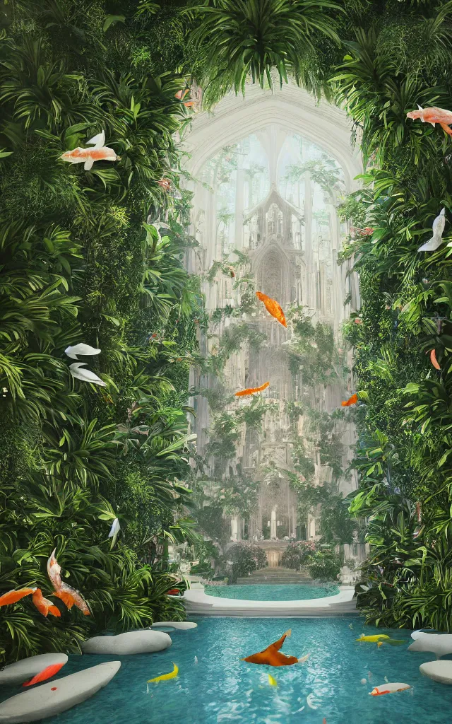 Image similar to grand cathedral interior with koi! pond! in the middle! surrounded by palm trees, ivy, flowers!, tropical plants, roses!, and with archways, rendered in octane render with photorealistic volumetric cinematic lighting, wide angle, horizontal symmetry, 8 k