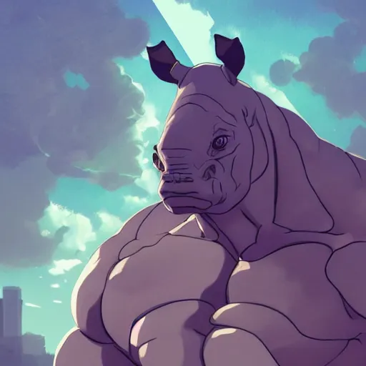 Image similar to a strong rhino at the gym, illustration concept art anime key visual trending pixiv fanbox by wlop and greg rutkowski and makoto shinkai and studio ghibli and kyoto animation symmetrical facial features