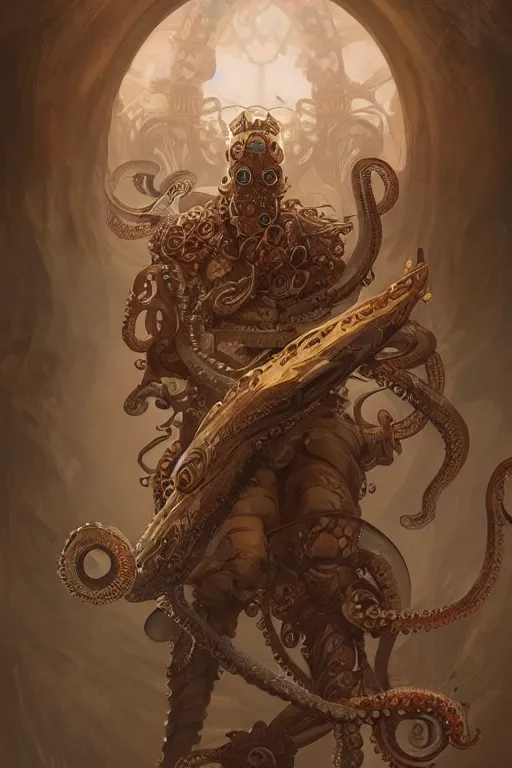 Image similar to a anthropomorphic octopus warrior, D&D, fantasy, intricate, highly detailed, digital painting, artstation, concept art, smooth, sharp focus, illustration, art by artgerm and greg rutkowski and alphonse mucha
