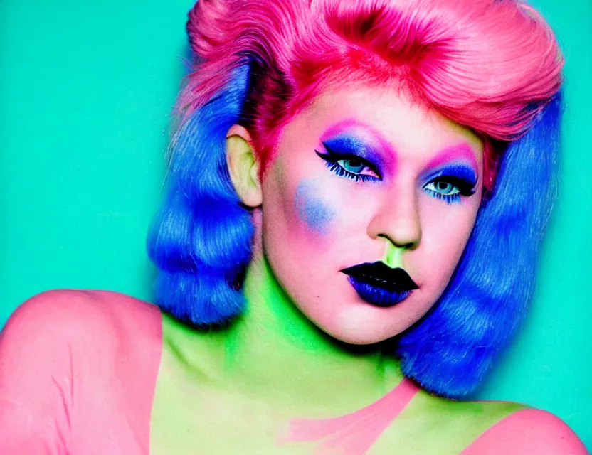 Image similar to a faded grainy 1 9 8 0 s magazine portrait photo of a person with pink hair wearing geometric neon green eyeliner and blue lipstick, plain gradient backdrop