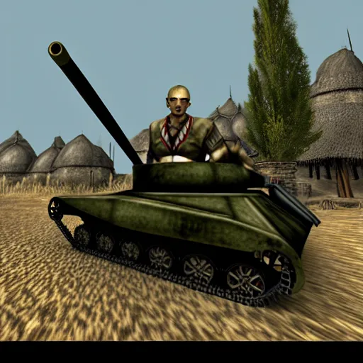 Prompt: a morrowind elf driving a wwii tank in morrowind, retro 3 d graphics, game screenshot