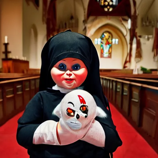 Image similar to a nun in church holding chucky the killer doll on her lap