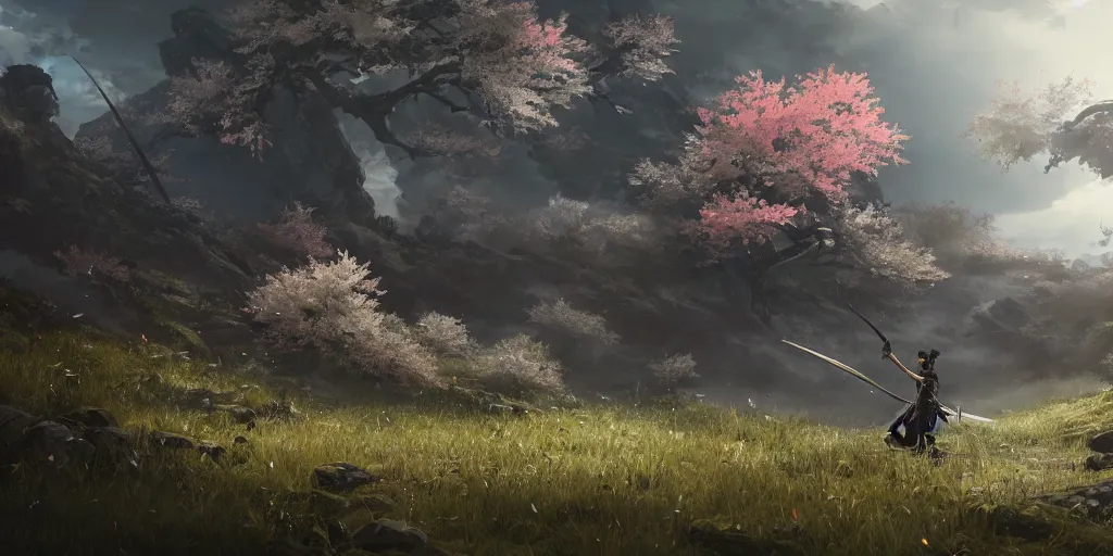 Prompt: an environmental concept art of ghost of tsushima, samurai duel, sakura petals blowing in the wind, highly detailed, environmental light, cinematic by francis tneh