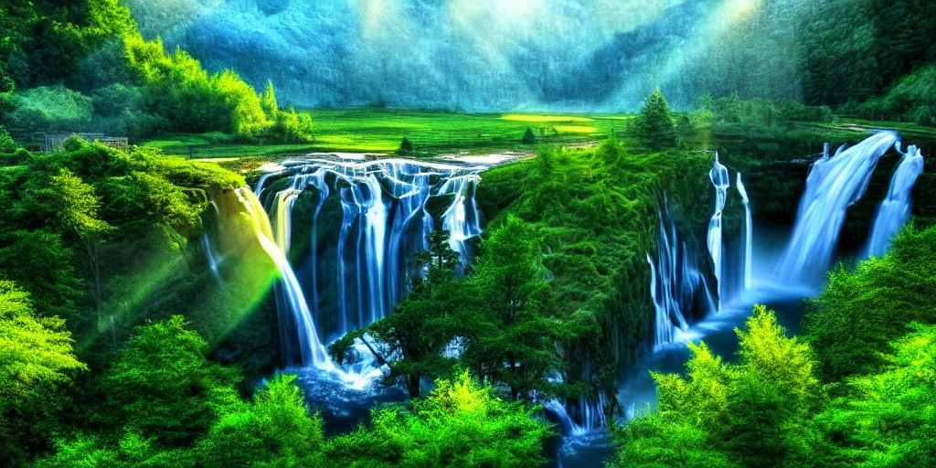 Image similar to evergreen valley, several waterfalls, ancient marble city, tall buildings, landscape, global illumination, morning light, radiant light, bird's eye view