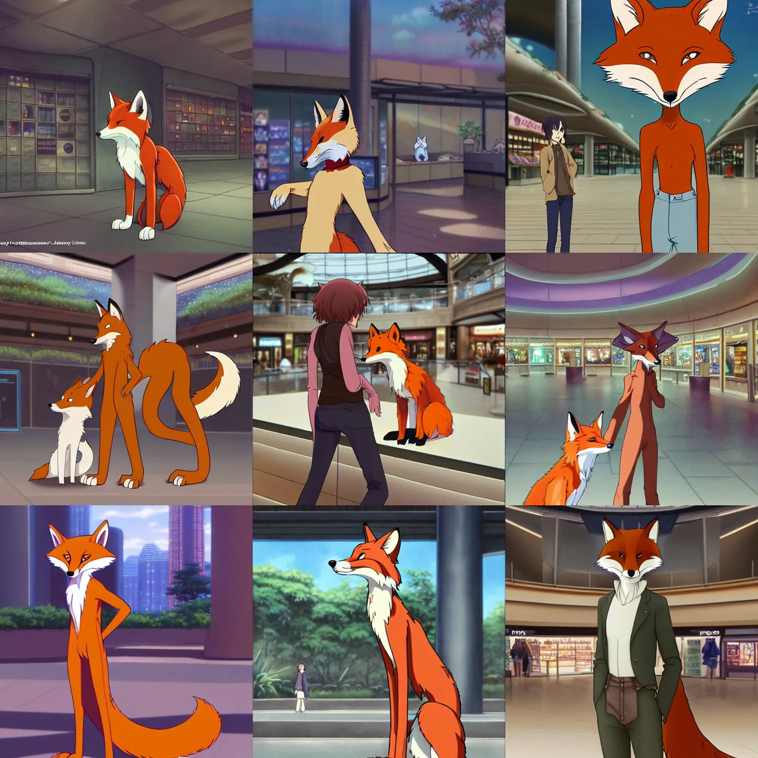 Prompt: an anthropomorphic!!!! natural!!!! furry ( ( fox ) ) person shopping at a futuristic mall, photorealistic!!!!, anime!!!!, makoto shinkai, james gurney, don bluth, disney, hibbary, dark natasha, goldenwolf, furaffinity, fursona, commission