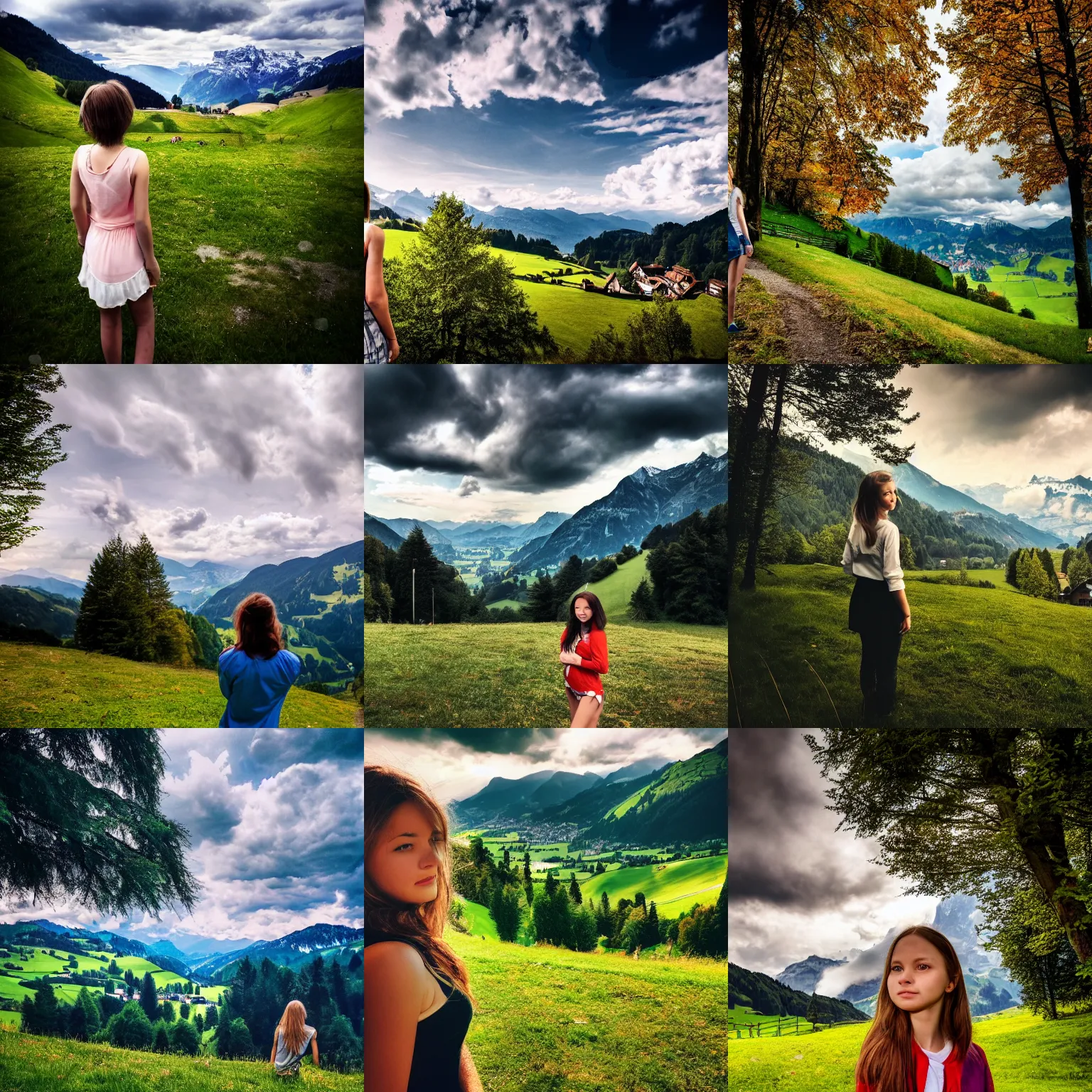 Image similar to a beautiful photograph of a girl with switzerland landscape in the background with trees, hdr, 8 k, high quality, sharp focus, artstation, highly detailed, award - winning, dramatic lighting, beautiful clouds, and nature