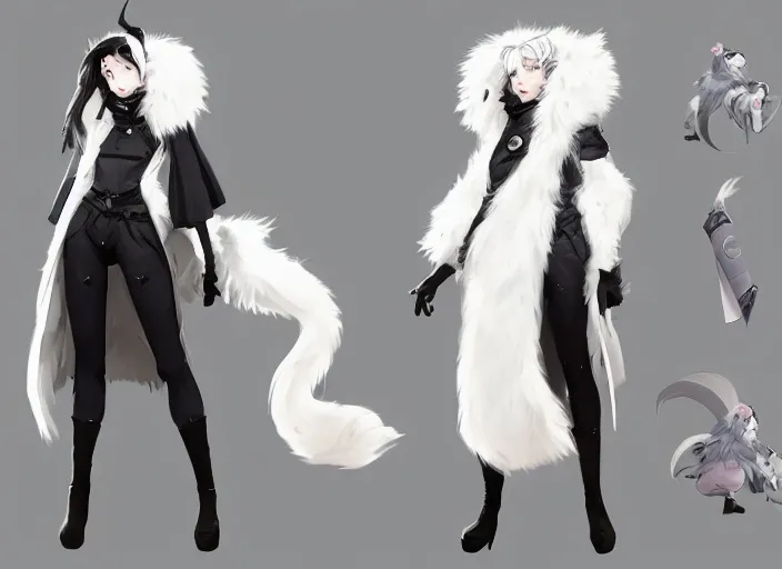 Prompt: character sheet for a beautiful and cute girl with a long white fur coat for genshin impact by greg rutkowski, black to light white fade hair, genshin impact style, ghibli, fashion design, overwatch style, sorcerer magic witch, digital art, trending on artstation, hd, 8 k, highly detailed, good lighting, beautiful, masterpiece