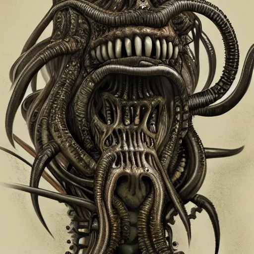 Image similar to portrait of a lovecraftian eldritch horror, centered, h. r. giger, highly detailed, high definition, 8 k, trending on artstation w 1 0 8 0 h 1 9 2 0