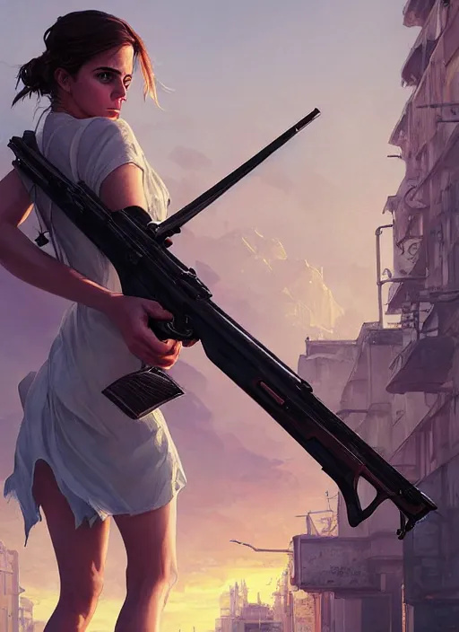 Prompt: highly detailed painting of emma watson holding a shotgun in gta v, stephen bliss, unreal engine, fantasy art by greg rutkowski, loish, rhads, ferdinand knab, makoto shinkai and lois van baarle, ilya kuvshinov, rossdraws, tom bagshaw, global illumination, radiant light, detailed and intricate environment