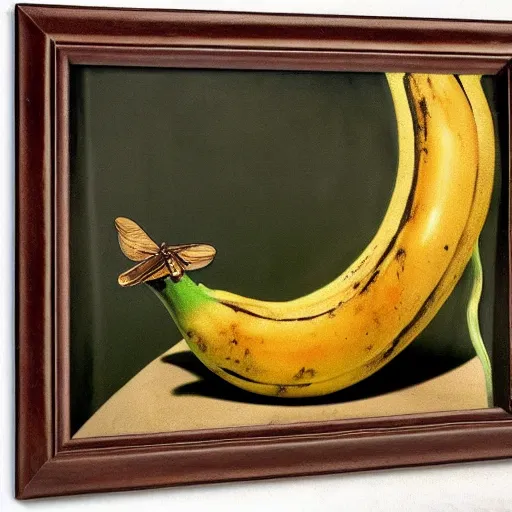 Prompt: a still life of a decomposing banana with a fly on it by Salvador Dali