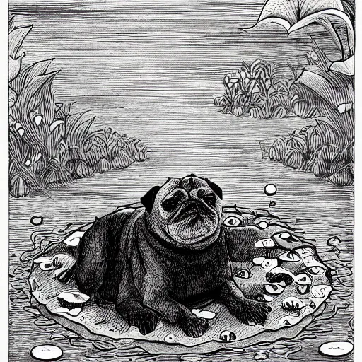 Prompt: adorable pug sleeping on a lily pad leaf grown in a pond in a dark forest, detailed illustration in dotted, black and white, in the style of gustave dore's dante's inferno
