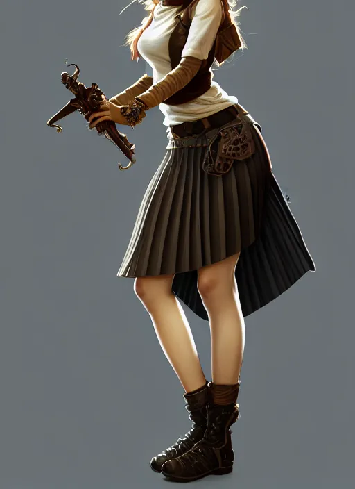 Image similar to portrait of a full body of beautiful young female detective, d & d, sleeveless turtleneck, pleated skirt, fantasy, flat lighting, intricate, highly detailed, digital painting, artstation, concept art, smooth, sharp focus, illustration, misa amane, art by simon bisley and greg rutkowski and alphonse mucha, natural tpose