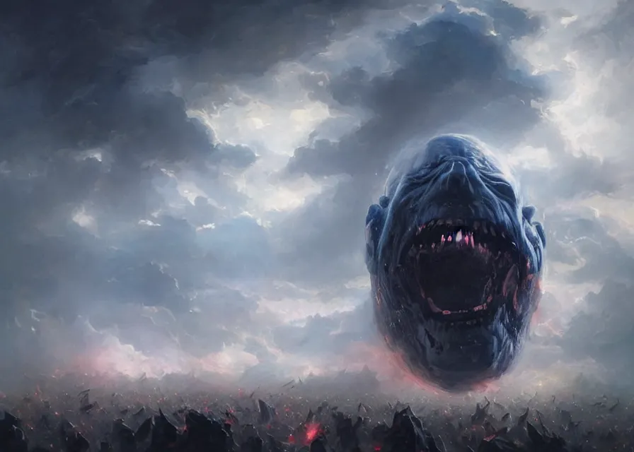 Image similar to large abstract painting of giant grinning evil dynamic unfocused Joe Biden head emerging from cosmic clouds at giant immense crowd of person army, trending on ArtStation, masterpiece, by Greg Rutkowski, by Ross Tran, by Fenghua Zhong, octane, lightbeam eyes, soft render, clear facial features, oil on canvas,, moody lighting, cinematic, professional environment concept art