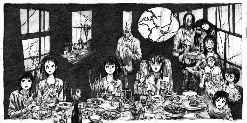 Image similar to A happy family eating dinner, horror, creepy, dark, manga, pencil, inspired by junji ito, superior quality, masterpiece