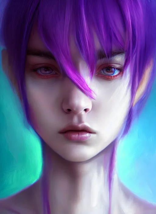 Image similar to hair whitebangs hair, black hair, whitebangs, portrait of teenage girl with white bangs, red irises, purple clothes, white bangs, bangs are different color from hair, intricate, elegant, glowing lights, highly detailed, digital painting, artstation, concept art, smooth, sharp focus, illustration, art by wlop, mars ravelo and greg rutkowski