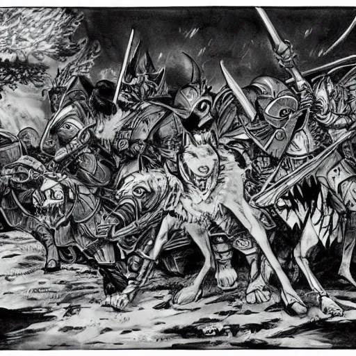 Prompt: knights of the round table ambushed by rogues and a dire wolf, by Akihito Yoshida -W 1400 -H 720