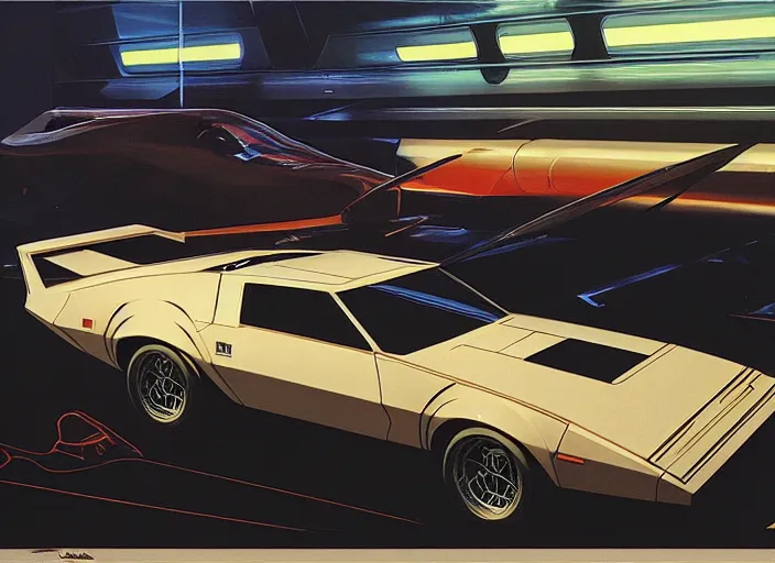 Prompt: syd mead concept art, raplh mcquarrie. kitt 1 9 8 2 pontiac trans am. style blade runner 2 0 4 9, retro, retro futurist. concept art by syd mead and star wars