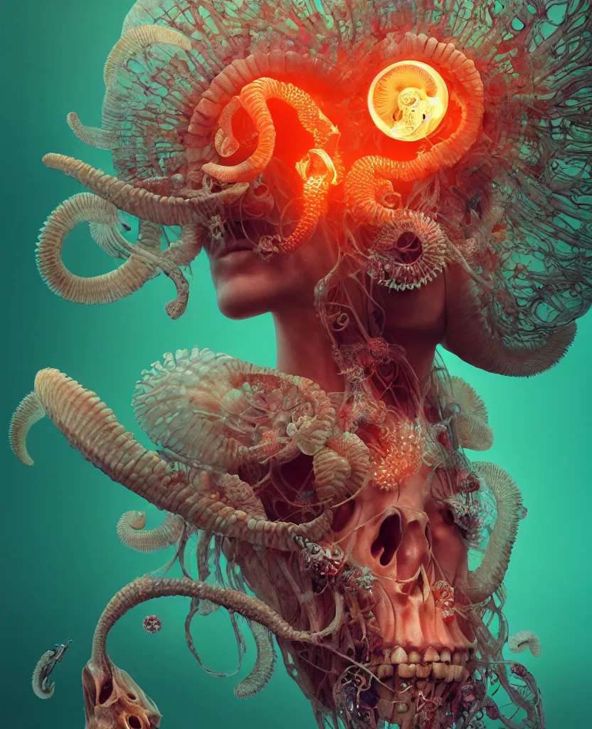 Image similar to goddess close-up portrait ram skull, thorax, x-ray, backbone, jellyfish phoenix head, nautilus, orchid, skull, betta fish, bioluminiscent creatures, intricate artwork by Tooth Wu and wlop and beeple. octane render, trending on artstation, greg rutkowski very coherent symmetrical artwork. cinematic, hyper realism, high detail, octane render, 8k