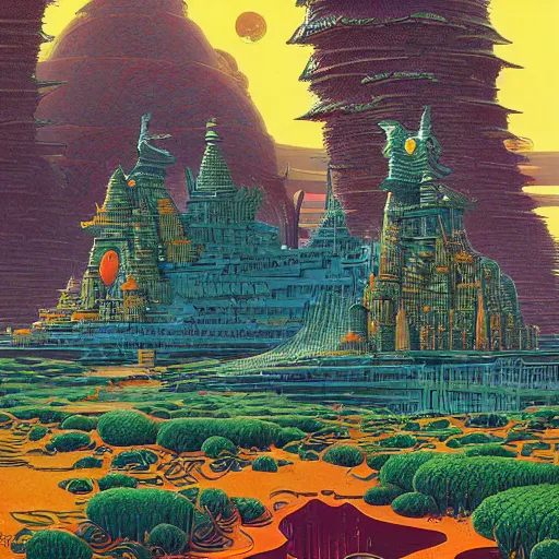 Prompt: highly detailed illustration of a temple on a strange planet, by moebius, by kilian eng, by sam freio, by thomas rome, by victor mosquera, by bruce pennington, juxtapoz, behance, dayglo, prismatic