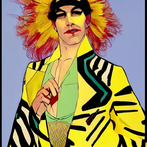 Image similar to art by joshua middleton, the yellow creeper, a tall manically smiling yellow - skinned man with green and black striped cycling shorts and wearing a long red feather boa, yellow makeup, mucha, kandinsky, poster, comic art, stylised design