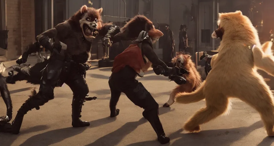 Prompt: still of nicolas cage beating up furry cosplayers, 4 k, octane render, choreographed fight scene, composition, shot by director park chan - wook