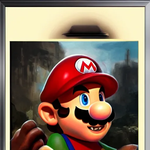 Image similar to An ultra realistic portrait painting of Mario wearing his cap in the style of Frank Frazetta, 4k, Ultrarealistic, Highly Detailed, Dark Fantasy, Epic Lighting