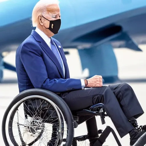 Prompt: still image of joe biden sitting in a turbo boosted wheelchair with a jet engine, 8 k photo