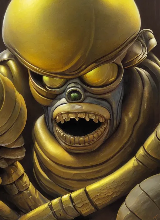 Prompt: marble homer simpson mf doom reptile eyes, polished yellow skin, centered, digital painting, artstation, concept art, smooth, sharp focus, illustration, artgerm, tomasz alen kopera, peter mohrbacher, donato giancola, joseph christian leyendecker, wlop, frank frazetta