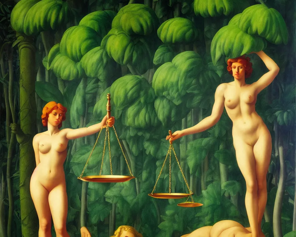 Prompt: lady justice in the jungle by raphael, hopper, and rene magritte. detailed, romantic, enchanting, trending on artstation.