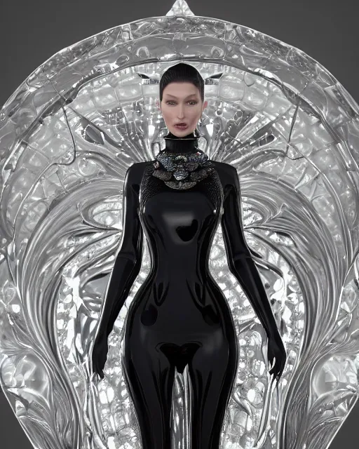 Prompt: a highly detailed metahuman 4 k close up render of a bella hadid in a black latex outfit monument renaissance in iris van herpen dress schiaparelli in diamonds crystals swarovski and jewelry iridescent in style of alphonse mucha gustav klimt trending on artstation made in unreal engine 4