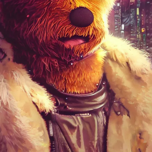 Prompt: highly detailed close up portrait of Fozzie Bear ((Fozzie Bear)) in the rainy streets of a cyberpunk dystopia, by Artgerm,Greg Rutkowski,Alphonse Mucha, 4k resolution, nier:automata inspired, bravely default inspired ((dystopian cyberpunk background))