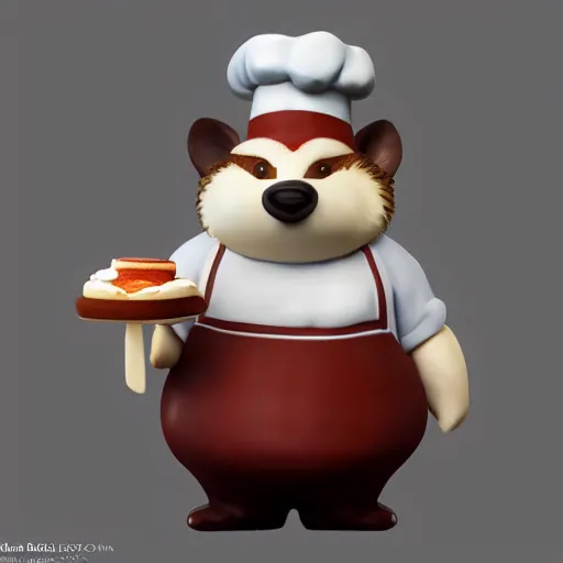 Prompt: pvc figurine of a fat badger wearing a chef's hat and apron and holding a cake, furry art, badger, artstation, figurine