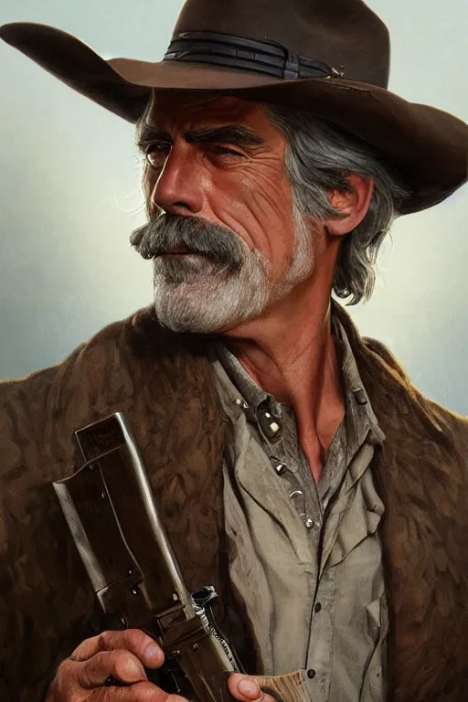 Image similar to portrait of sam elliott, western, gunslinger, duster, fantasy, intricate, elegant, highly detailed, digital painting, artstation, concept art, sharp focus, illustration, art by artgerm and greg rutkowski and alphonse mucha