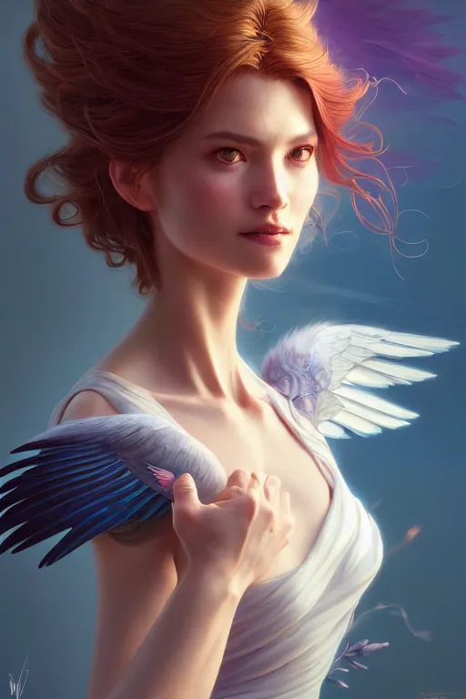 Prompt: 3 / 4 view of a portrait of woman with flowy hair, bird wings, confident pose, pixie, genshin impact,, intricate, elegant, sharp focus, illustration, highly detailed, concept art, matte, trending on artstation, bright colors, art by wlop and artgerm and greg rutkowski, marvel comics