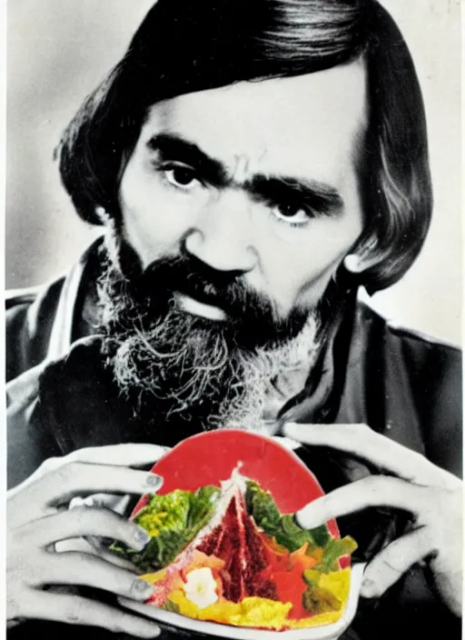 Image similar to vintage jello advertisement depicting charles manson holding a perfection salad