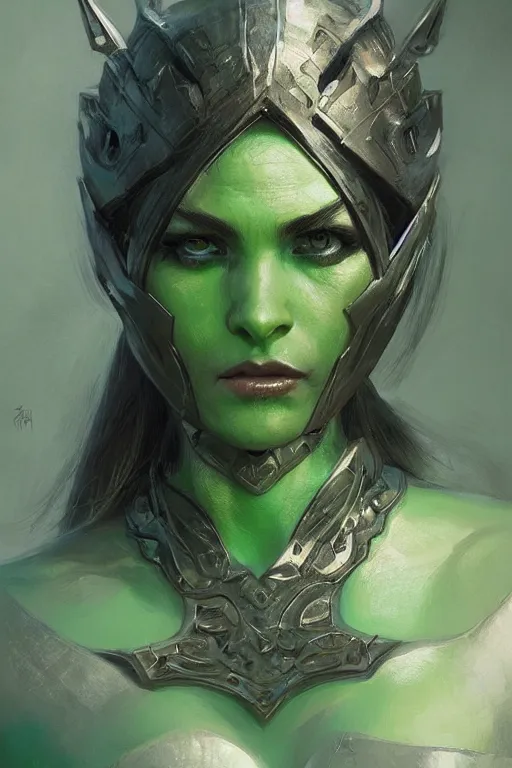 Prompt: green human faced orc female, light green tone beautiful face, plated armor intricate, elegant, highly detailed by artgerm, trending on artstation by greg rutkowski, by jeremy mann, digital painting