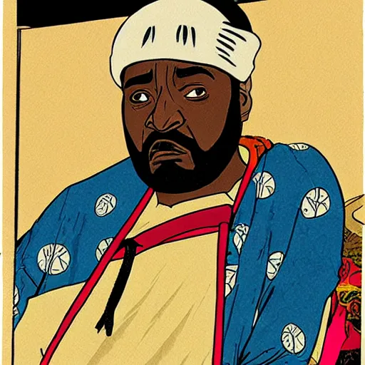 Prompt: Ghostface Killah rapping, portrait, style of ancient text, hokusai