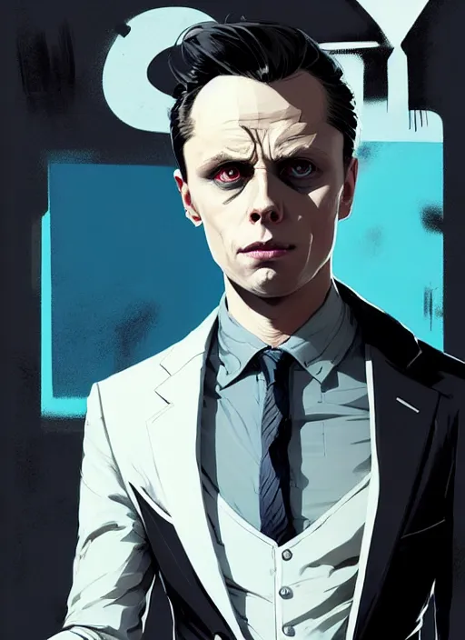 Image similar to highly detailed closeup portrait of sinister martin wallstrom, tyrell wellick, slick back hair wearing suit by atey ghailan, by greg rutkowski, by greg tocchini, by james gilleard, by joe fenton, by kaethe butcher, gradient blue, black and white only color scheme, grunge aesthetic!!! ( ( graffiti tag wall background ) )