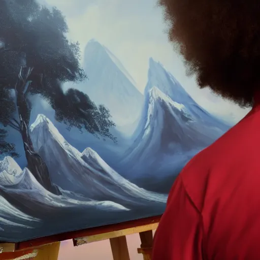 Image similar to a closeup photorealistic photograph of bob ross working on a canvas painting of dr. strange. film still. brightly lit scene. mountains and trees. this 4 k hd image is trending on artstation, featured on behance, well - rendered, extra crisp, features intricate detail, epic composition and the style of unreal engine.