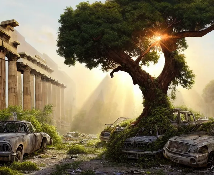 Image similar to a tree growing in ancient greek ruins, gray wasteland, many scrap cars, trash, rubble, overgrown, pillars and arches, flowers, vines, hyperrealistic, highly detailed, cinematic, ray of golden sunlight shining on the tree, beautiful, cgssociety, artstation, 8 k, oil painting by greg rutkowski, by artgerm, by wlop