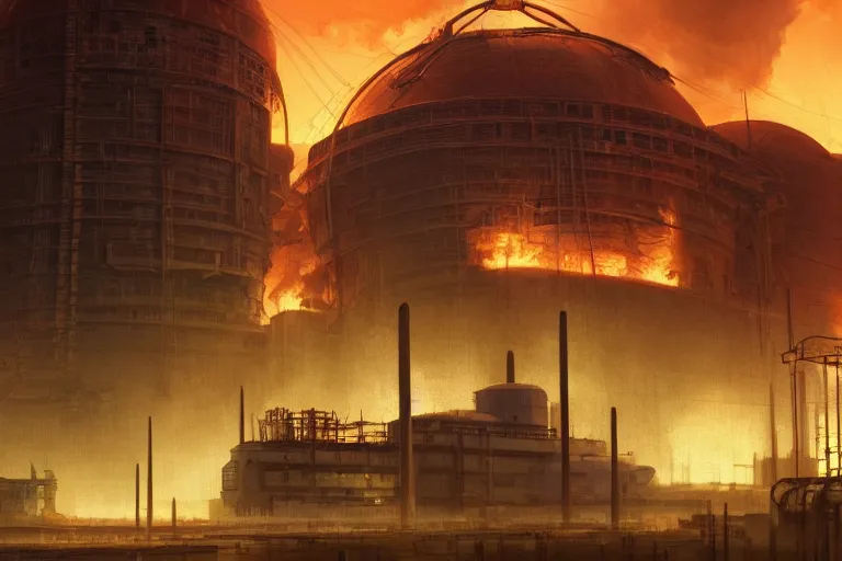 Prompt: a highly detailed matte painting of a soviet steampunk nuclear power plant on fire at night by studio ghibli, makoto shinkai, by artgerm, by wlop, by greg rutkowski, volumetric lighting, octane render, 4 k resolution, trending on artstation, masterpiece