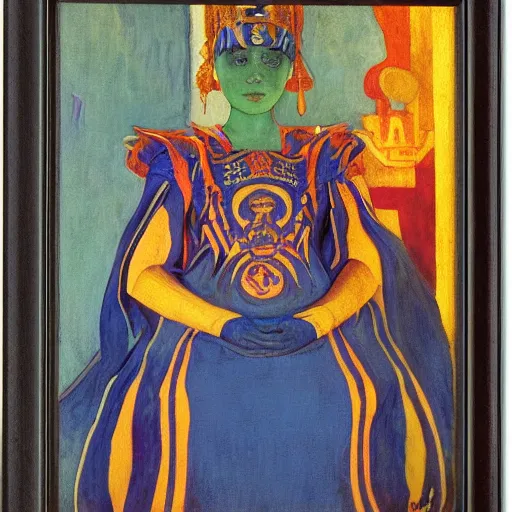 Image similar to the little robot queen in her regalia, by annie swynnerton and diego rivera and nicholas roerich, symbolist, dramatic lighting, elaborate geometric ornament, smooth, sharp focus, extremely detailed, leo and diane dillon, adolf wolfli, soft pastel colors